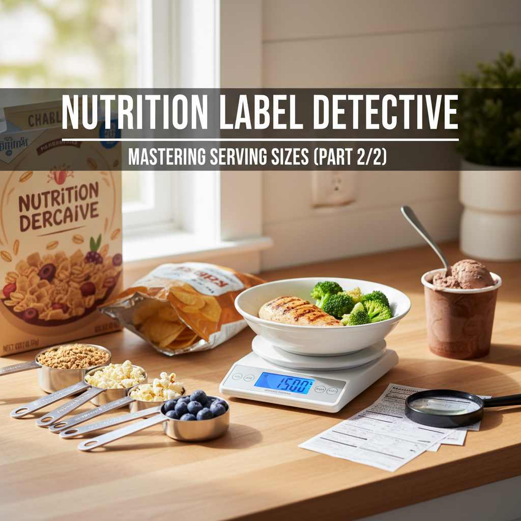 Hand holding a measuring cup next to various packaged foods with nutrition labels visible, showing the reality of portion sizes Hand holding a measuring cup next to various packaged foods with nutrition labels visible, showing the reality of portion sizes