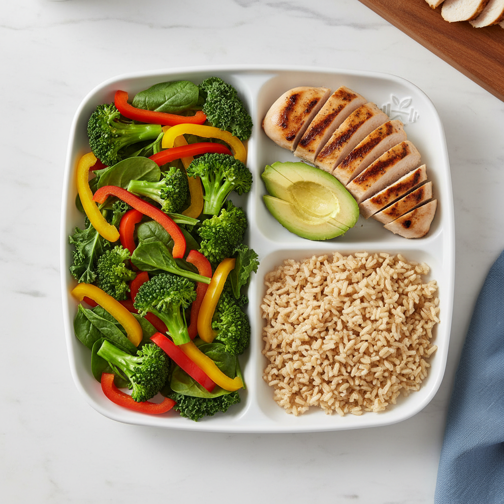 A colorful divided plate showing the ideal proportions of proteins, vegetables, whole grains, and healthy fats A colorful divided plate showing the ideal proportions of proteins, vegetables, whole grains, and healthy fats