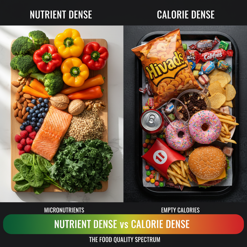 A vibrant split-screen image showing nutrient-dense foods (colorful vegetables, lean proteins, whole grains) on one side and calorie-dense foods (processed snacks, sugary drinks, fried foods) on the other, with a gradient spectrum bar beneath A vibrant split-screen image showing nutrient-dense foods (colorful vegetables, lean proteins, whole grains) on one side and calorie-dense foods (processed snacks, sugary drinks, fried foods) on the other, with a gradient spectrum bar beneath