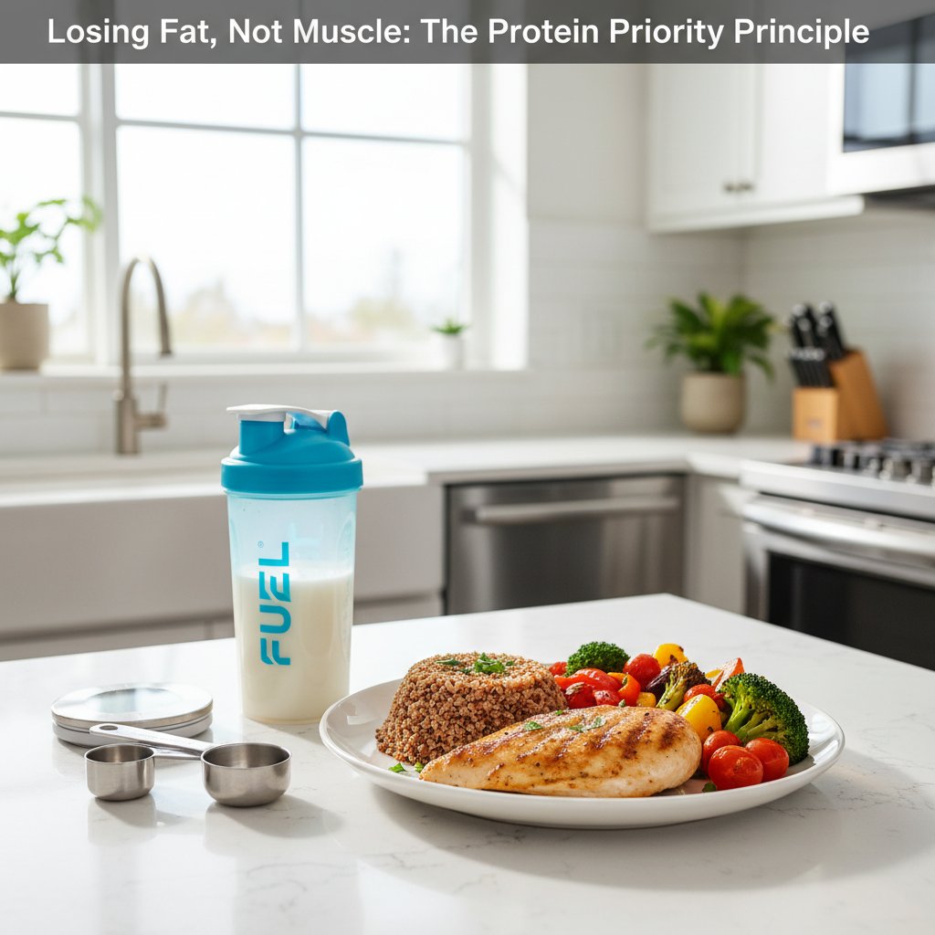Split image showing a plate divided into sections with lean protein sources prominently featured, alongside a person doing resistance training Split image showing a plate divided into sections with lean protein sources prominently featured, alongside a person doing resistance training