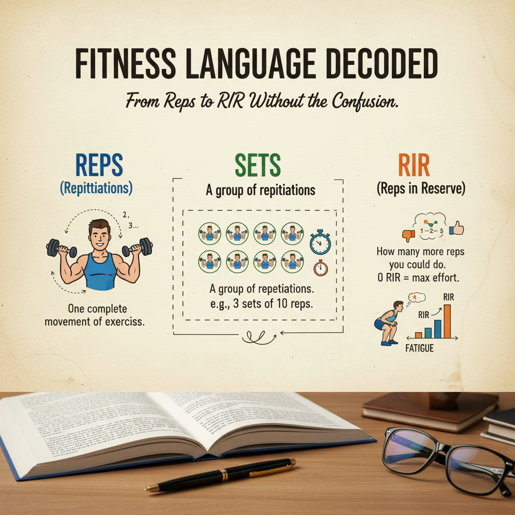 Visual dictionary of fitness terms with simple illustrations explaining common gym vocabulary Visual dictionary of fitness terms with simple illustrations explaining common gym vocabulary