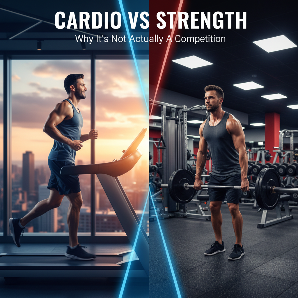 Split image showing a person running on one side and lifting weights on the other, merged in the middle to show both activities can coexist harmoniously Split image showing a person running on one side and lifting weights on the other, merged in the middle to show both activities can coexist harmoniously