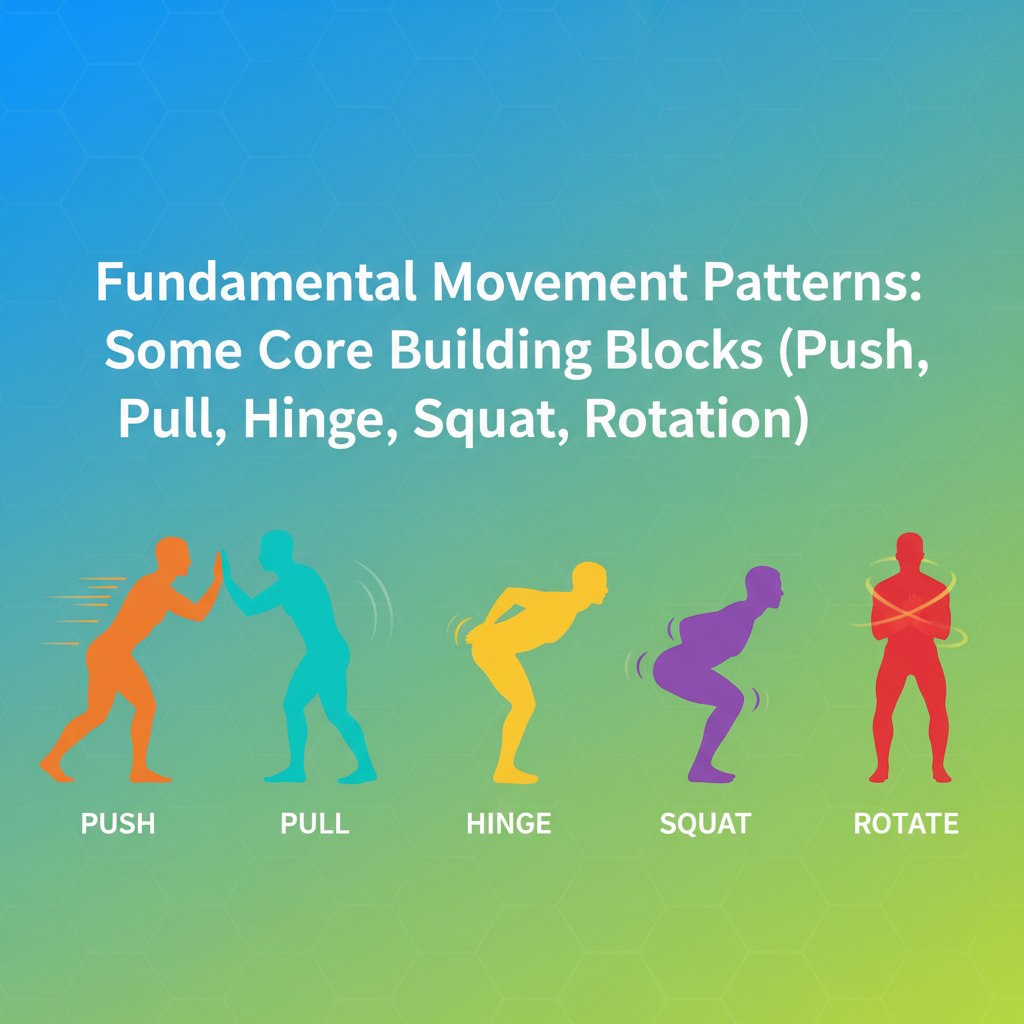 Split view showing the 5 fundamental movement patterns with silhouettes demonstrating each: push, pull, hinge, squat, and rotation Split view showing the 5 fundamental movement patterns with silhouettes demonstrating each: push, pull, hinge, squat, and rotation