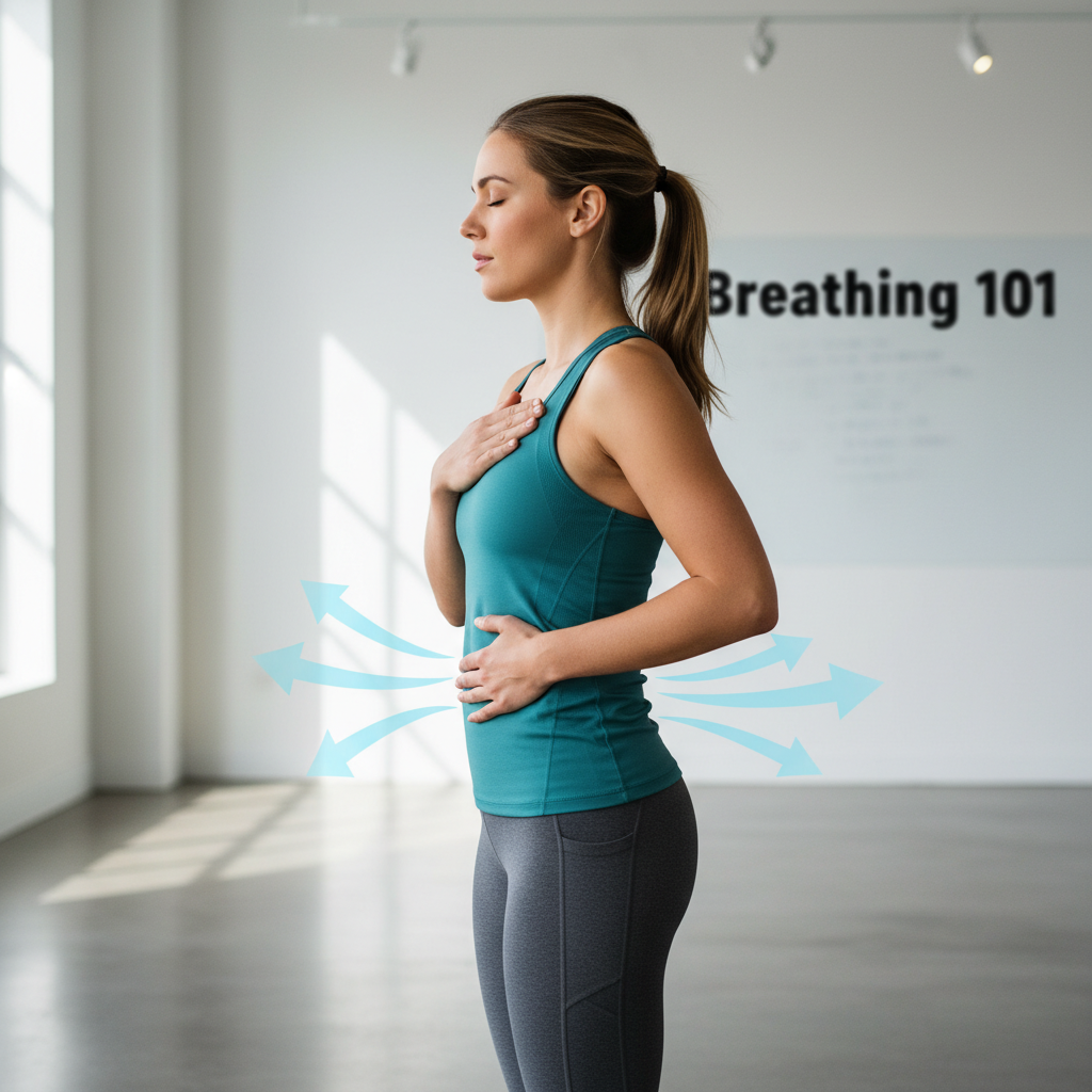 Person demonstrating proper diaphragmatic breathing with hand on chest and belly, showing the expansion of the abdomen Person demonstrating proper diaphragmatic breathing with hand on chest and belly, showing the expansion of the abdomen