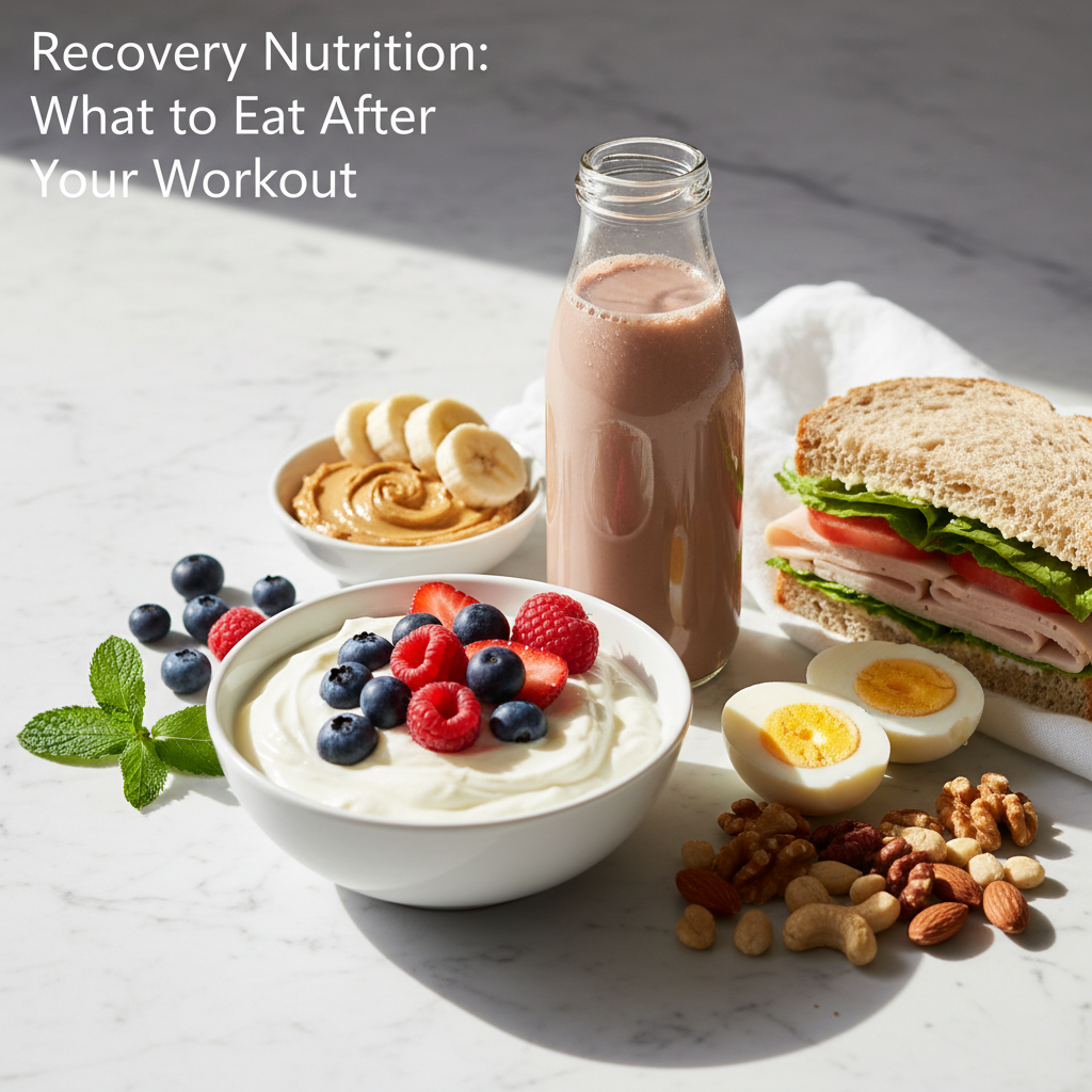 A colorful spread of post-workout recovery foods including chocolate milk, banana with peanut butter, Greek yogurt with berries, and a turkey sandwich on whole grain bread A colorful spread of post-workout recovery foods including chocolate milk, banana with peanut butter, Greek yogurt with berries, and a turkey sandwich on whole grain bread