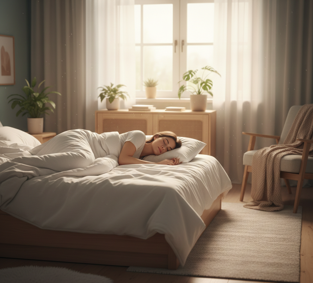 Peaceful bedroom scene with soft lighting, showing a person sleeping comfortably with subtle visual elements representing muscle recovery and growth Peaceful bedroom scene with soft lighting, showing a person sleeping comfortably with subtle visual elements representing muscle recovery and growth