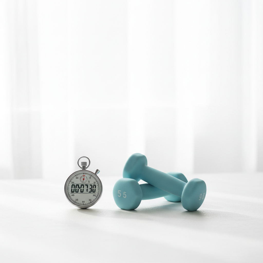 A minimalist composition showing a small stopwatch next to light dumbbells on a clean white surface, symbolizing the concept of minimal but effective exercise A minimalist composition showing a small stopwatch next to light dumbbells on a clean white surface, symbolizing the concept of minimal but effective exercise