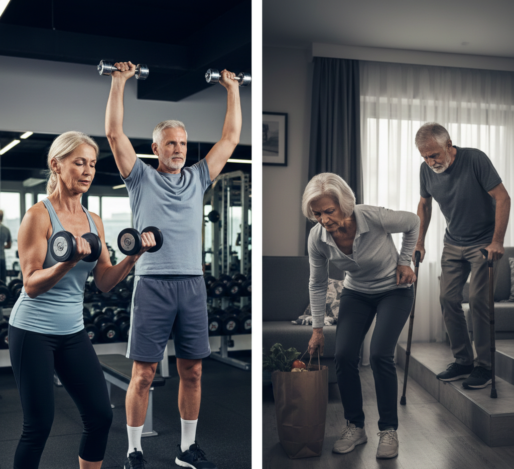 Split image showing active older adult lifting weights on one side and sedentary older adult struggling with daily tasks on the other Split image showing active older adult lifting weights on one side and sedentary older adult struggling with daily tasks on the other