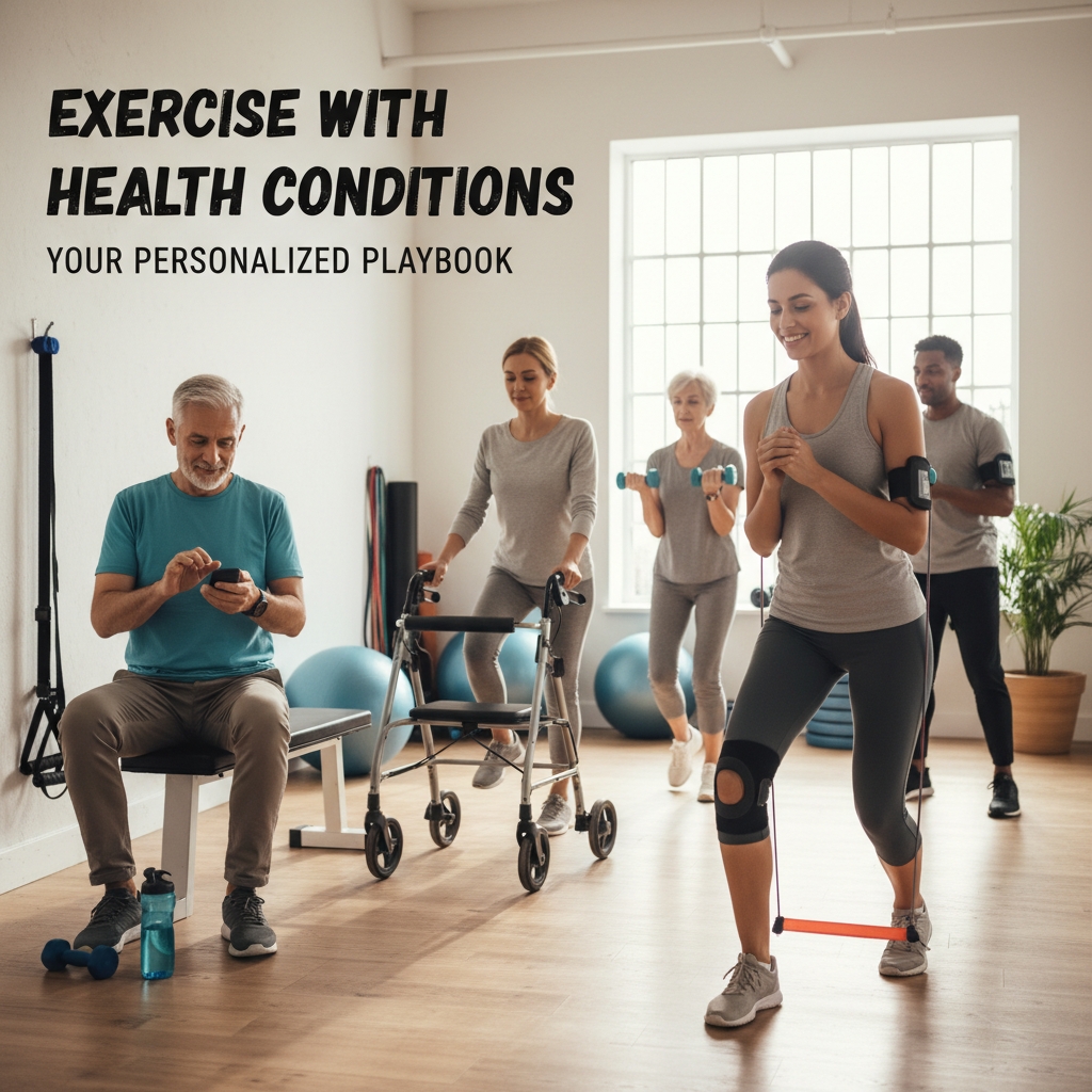 Diverse group of people with various health conditions exercising together in a supportive gym environment Diverse group of people with various health conditions exercising together in a supportive gym environment