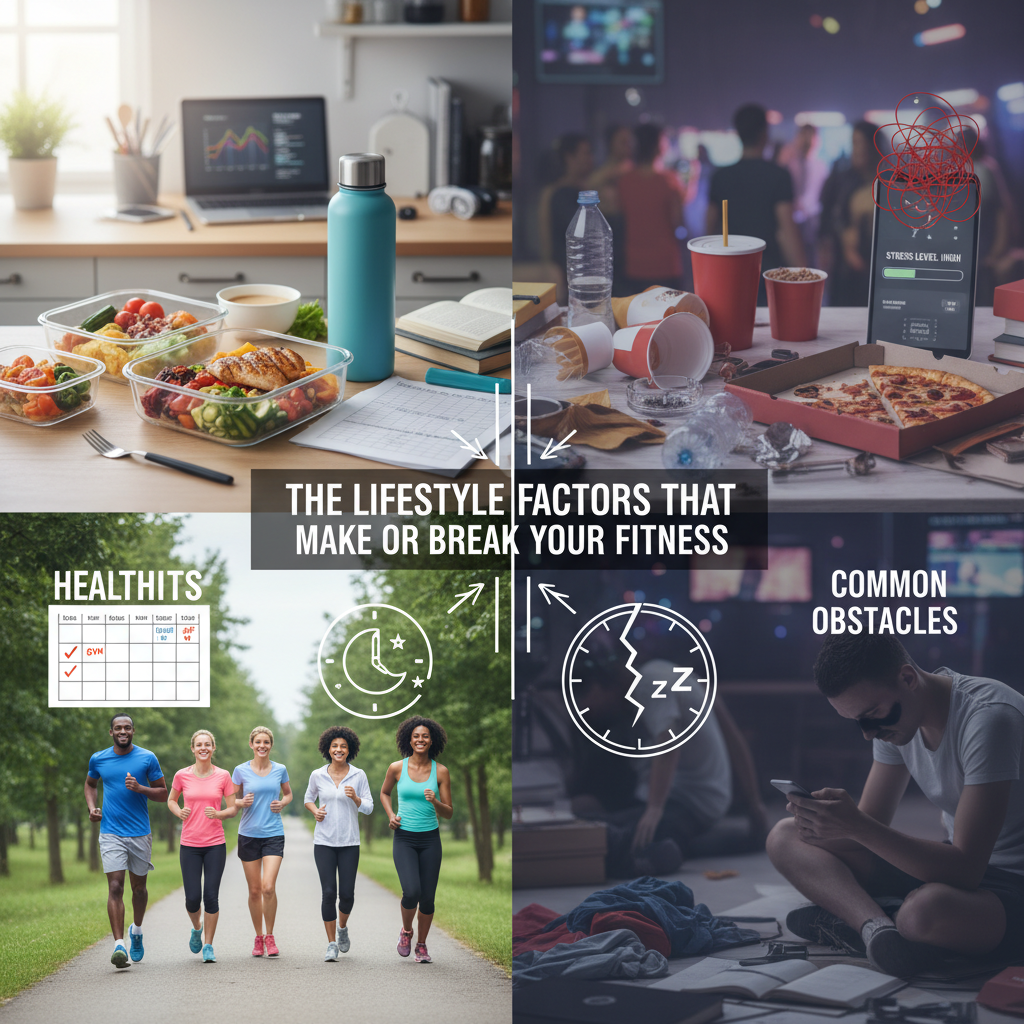 A vibrant split-screen image showing contrasting lifestyles - one side depicting healthy habits like meal prep, water bottles, and organized schedule, the other showing common obstacles like late-night snacking, stress, and cluttered environment A vibrant split-screen image showing contrasting lifestyles - one side depicting healthy habits like meal prep, water bottles, and organized schedule, the other showing common obstacles like late-night snacking, stress, and cluttered environment