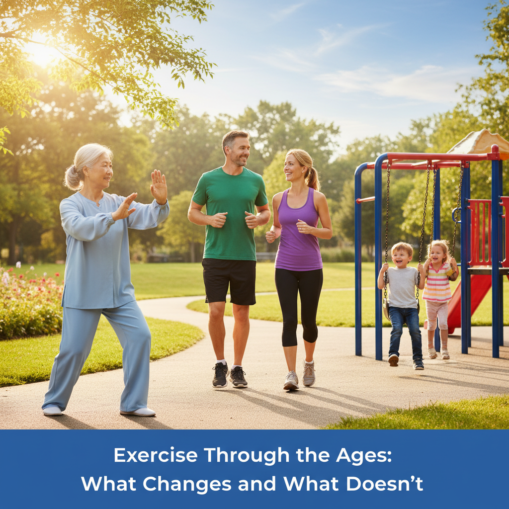 Three generations exercising together in a park - a grandmother doing tai chi, parents jogging, and children playing actively Three generations exercising together in a park - a grandmother doing tai chi, parents jogging, and children playing actively
